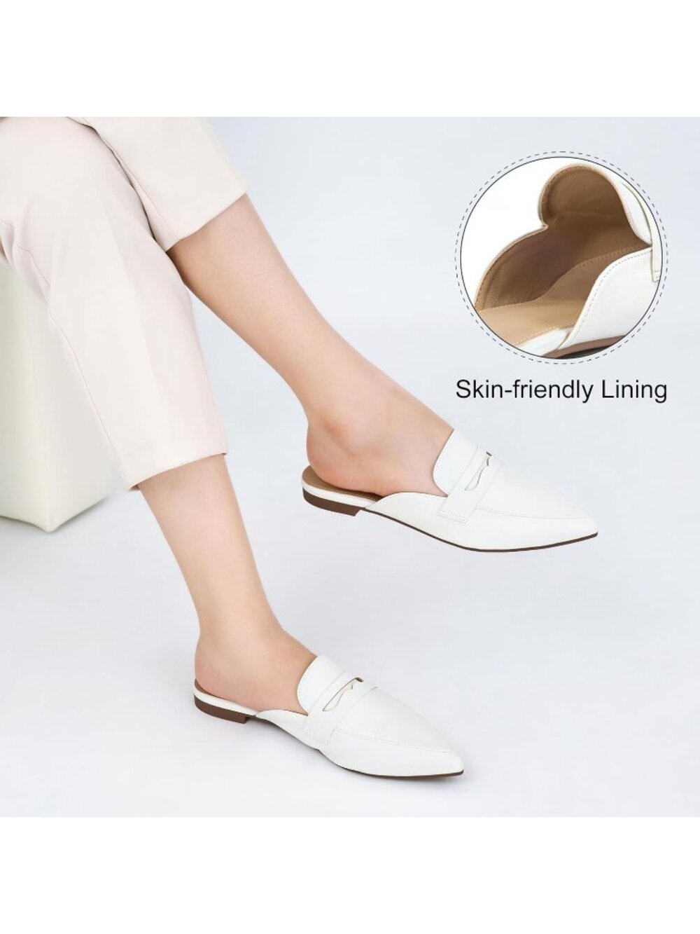 Women's Mules White Slingback Flats Pointed Toe Backless Casual Loafers Shoes - Picture 5 of 6